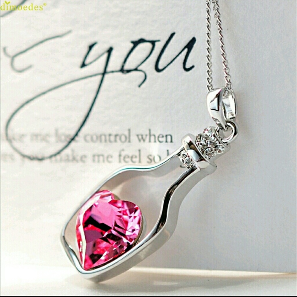 Pink crystal heart message in a bottle Necklace