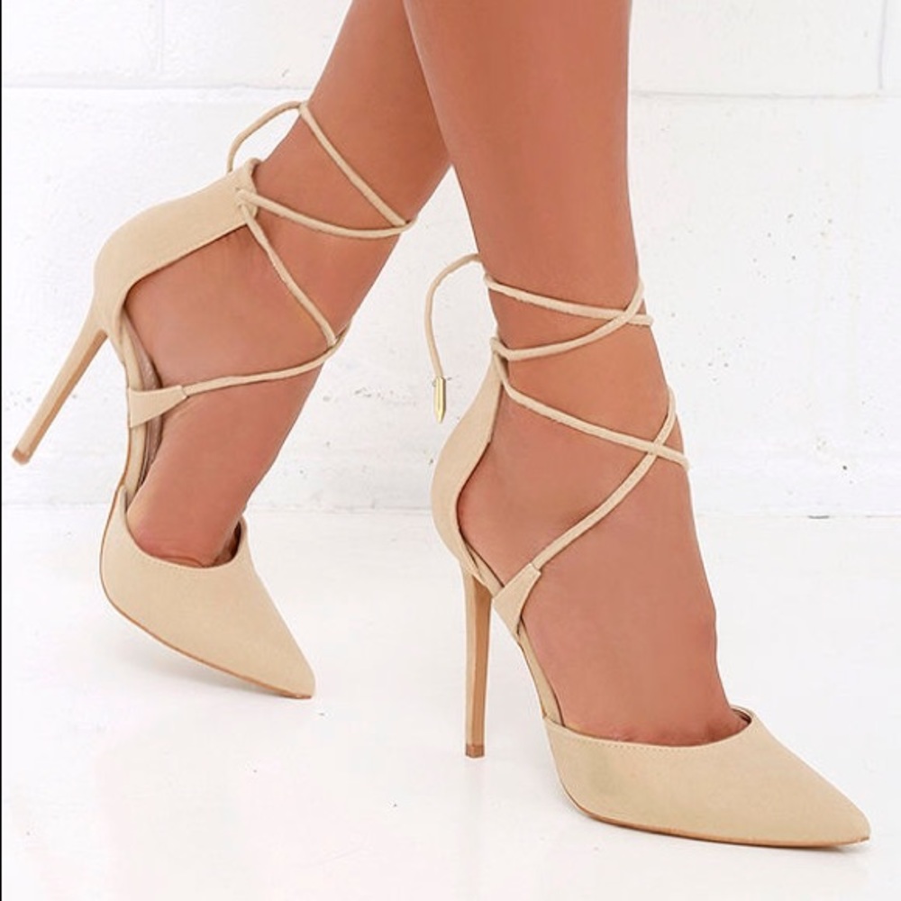 LULUS MICHELE NUDE LACE-UP HEEL 7.5