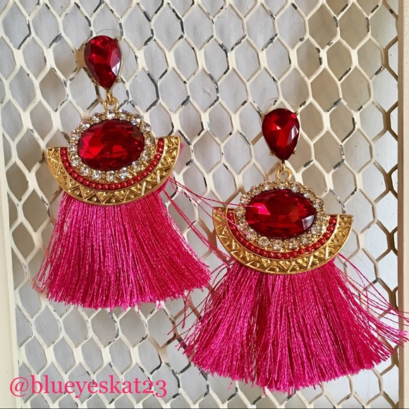 Pink Jewel Tassel Earrings - Picture 3 of 6