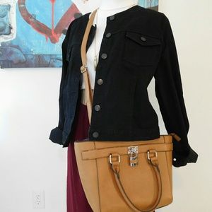 Black collarless denim jacket