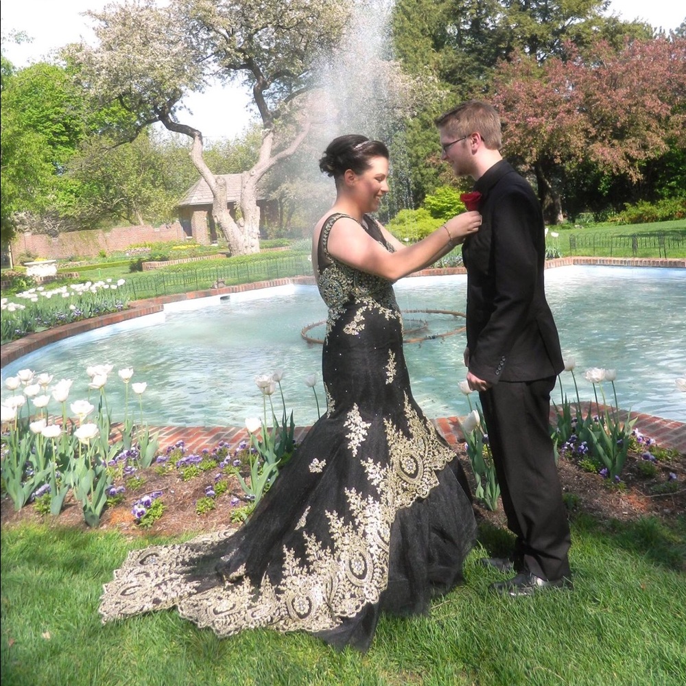 SOLD Black and gold beaded prom dress