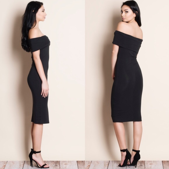Off Shoulder Midi Dress - BLACK - Picture 2 of 3