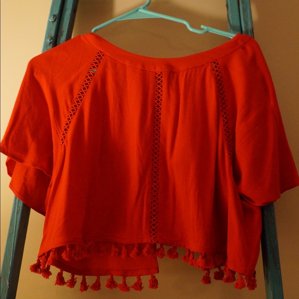 Red Fringe Crop Top w/ Back Detail