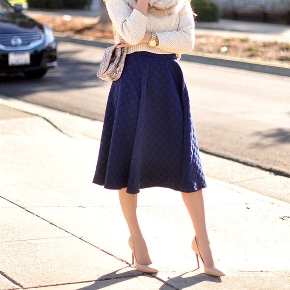 J.O.A Skirts - JOA Los Angeles Navy Polka Dot Midi Skirt J.O.A Skirts - JOA Los Angeles Navy Polka Dot Midi Skirt