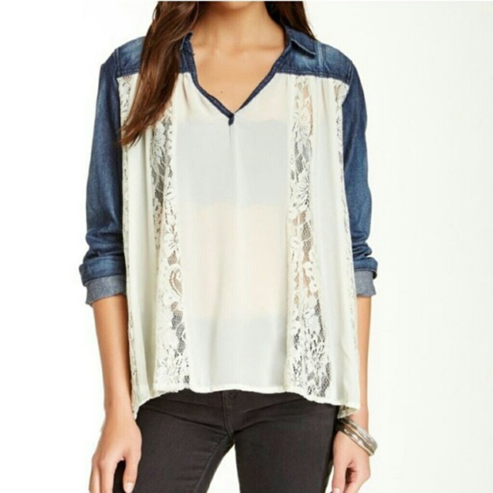 Free People Sheer Chiffon Lace Swing Denim Top