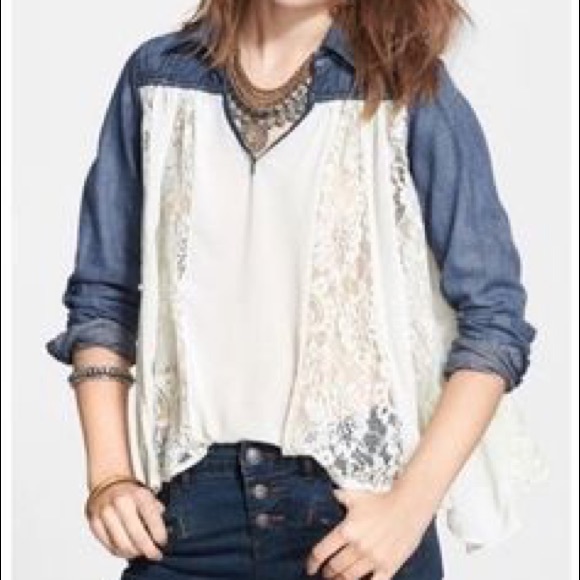 Free People Sheer Chiffon Lace Swing Denim Top - Picture 2 of 3
