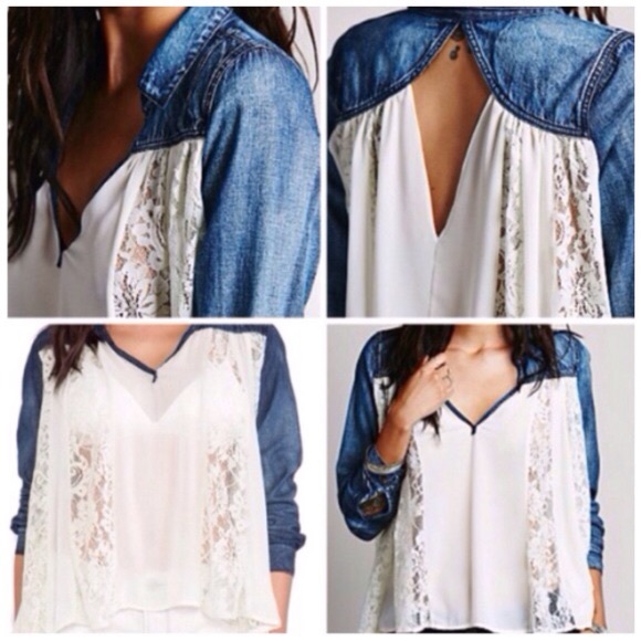 Free People Sheer Chiffon Lace Swing Denim Top - Picture 3 of 3
