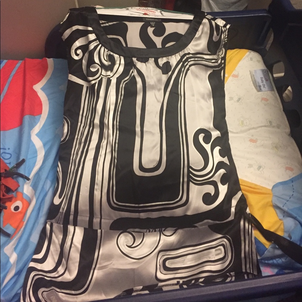 Bebe 100% silk silver and black tunic style blouse