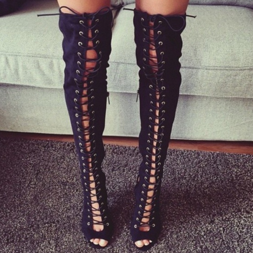 Lace up thigh high boot