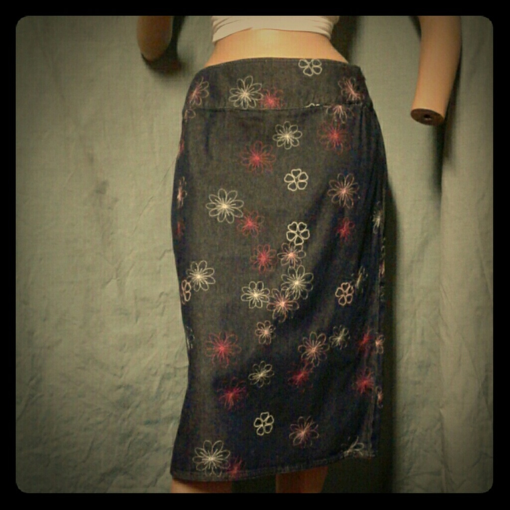 Dark Denim Midi Skirt with Pink & White Embroidery