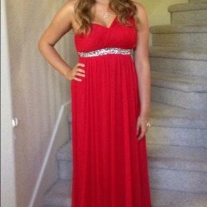 Red, one-shoulder floor length dress