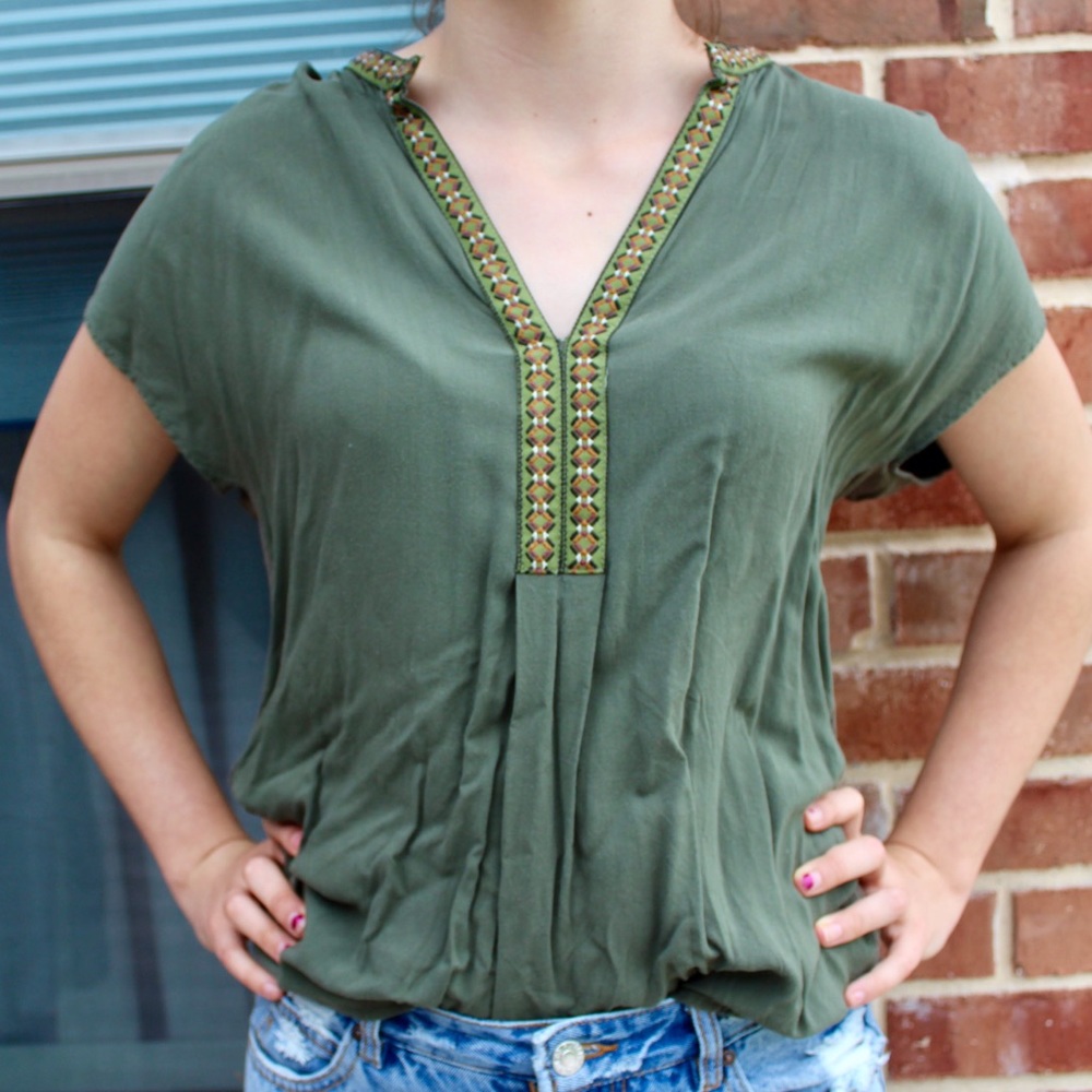 Embroidered Olive Army Green Top