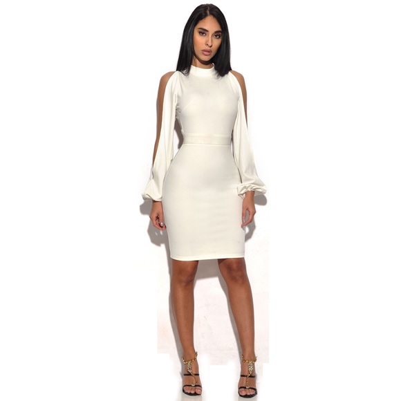 White Cut Out Sleeve Stretch Crepe Dress #853 - Picture 4 of 5