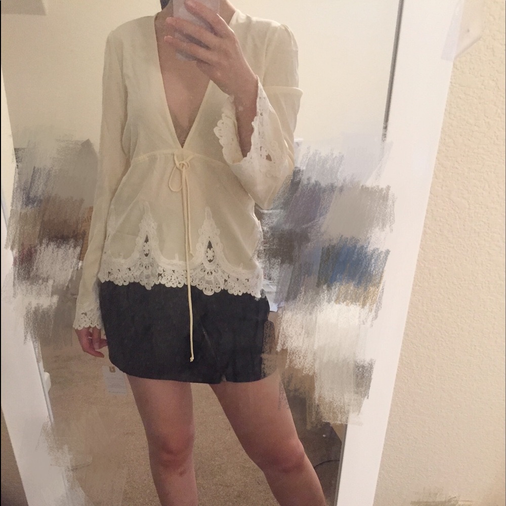 100% silk off-white v-neck lace blouse with tie