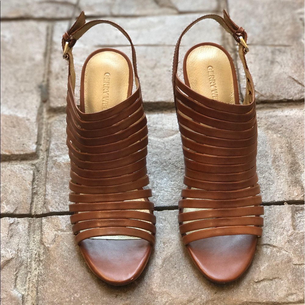 Cognac Open Toe Strappy Leather Slingback Sandals - Picture 6 of 7
