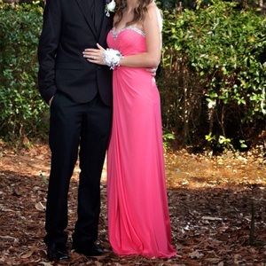 La Femme pink open back prom dress