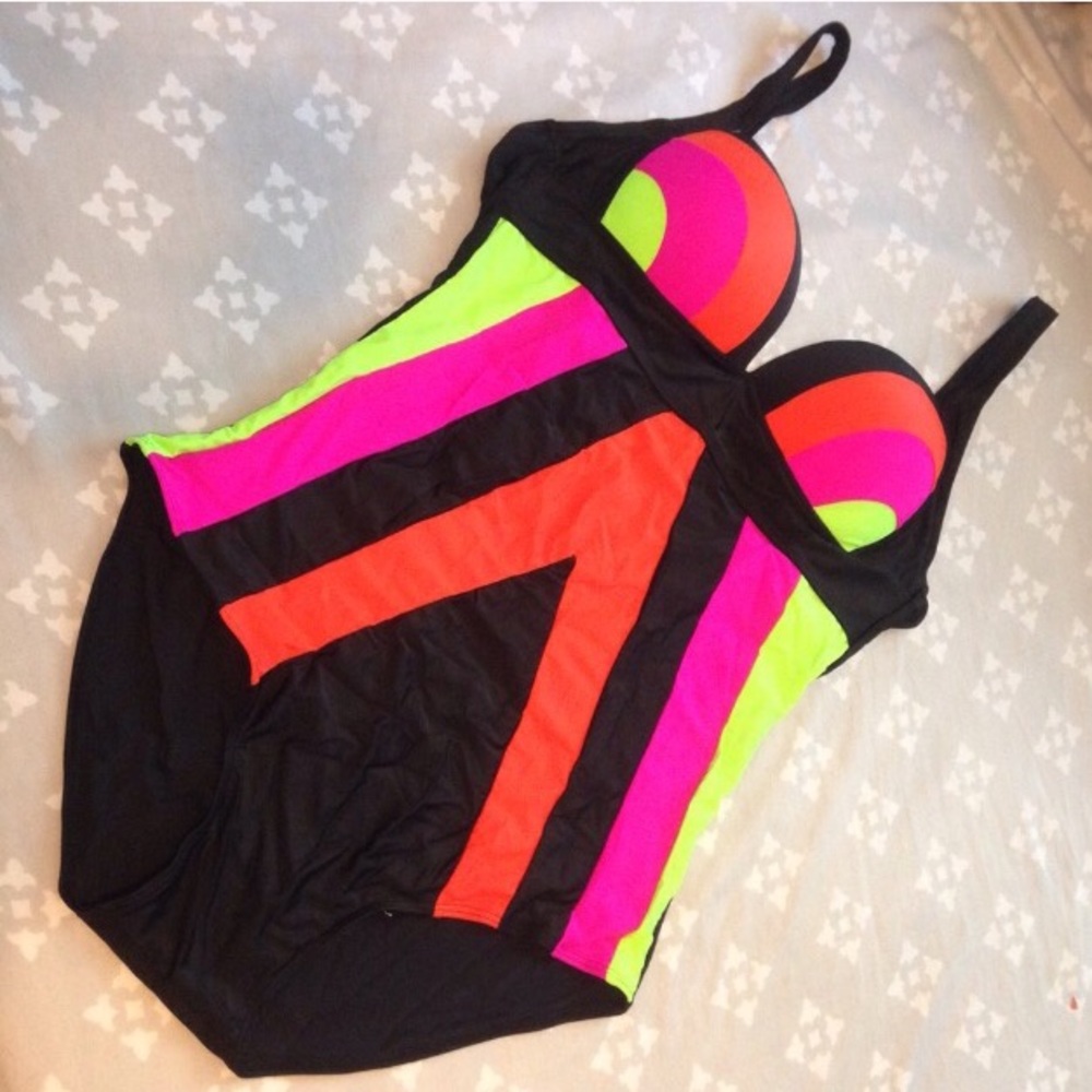 Neon & black one piece bathing suit