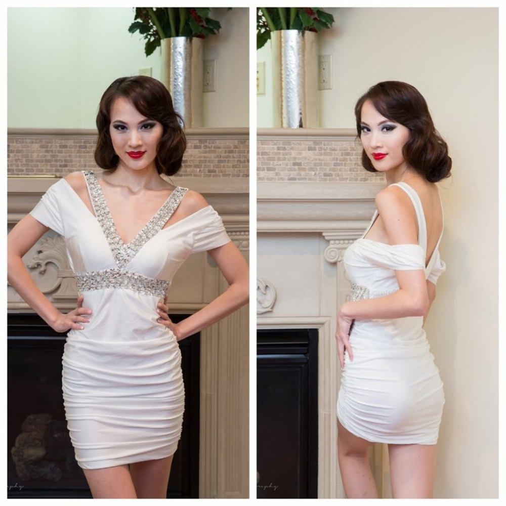 White versatile shoulders cocktail dress