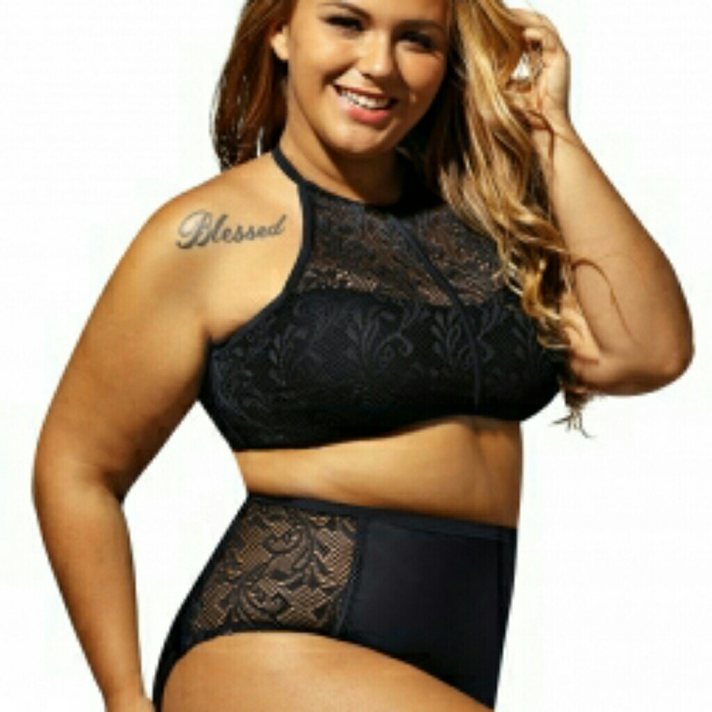 Black crochet plus size high waist bikini