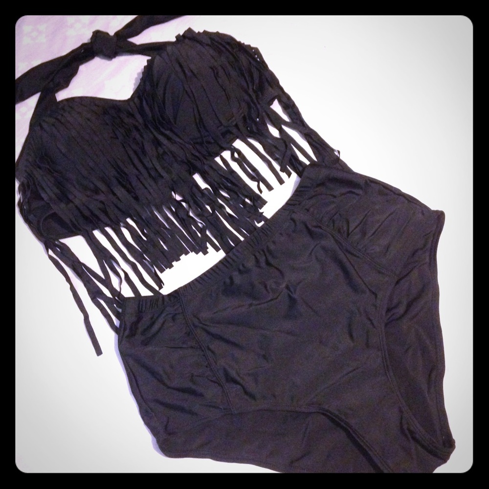 Tassel top high waisted black bikini