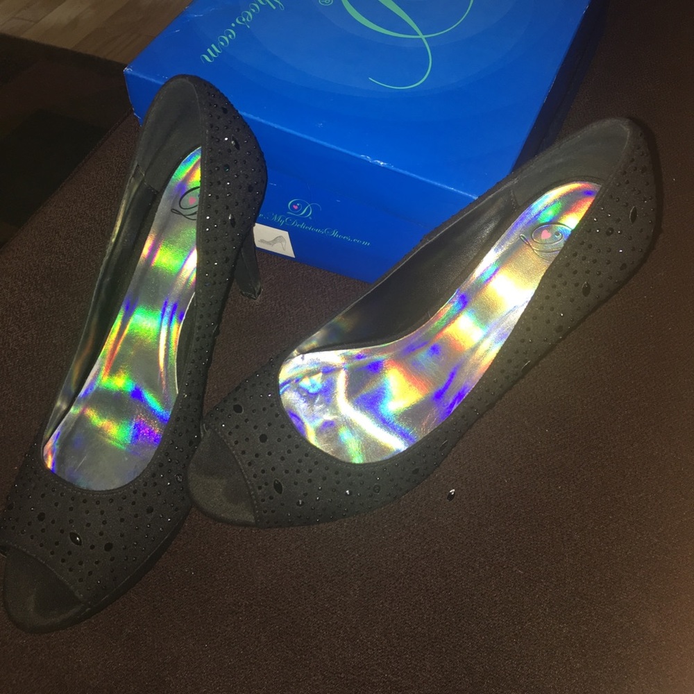 Black high heels, open toed stoned, size 8.5