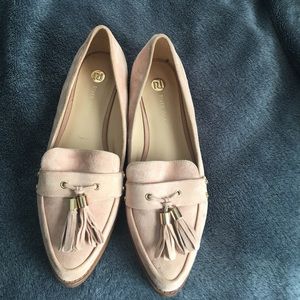 Pink suede River Island loafers with gold accents