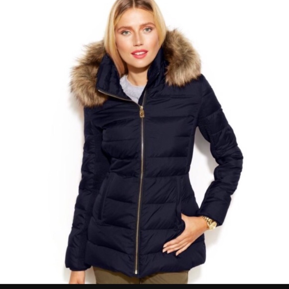 Michael Kors Navy Blue Faux Fur Coat