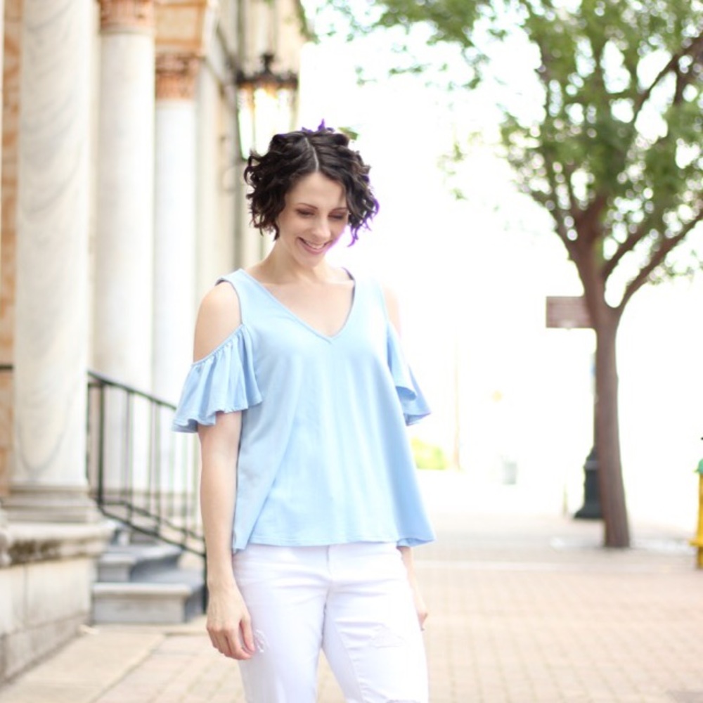 NWOT Blue Cold Shoulder Top