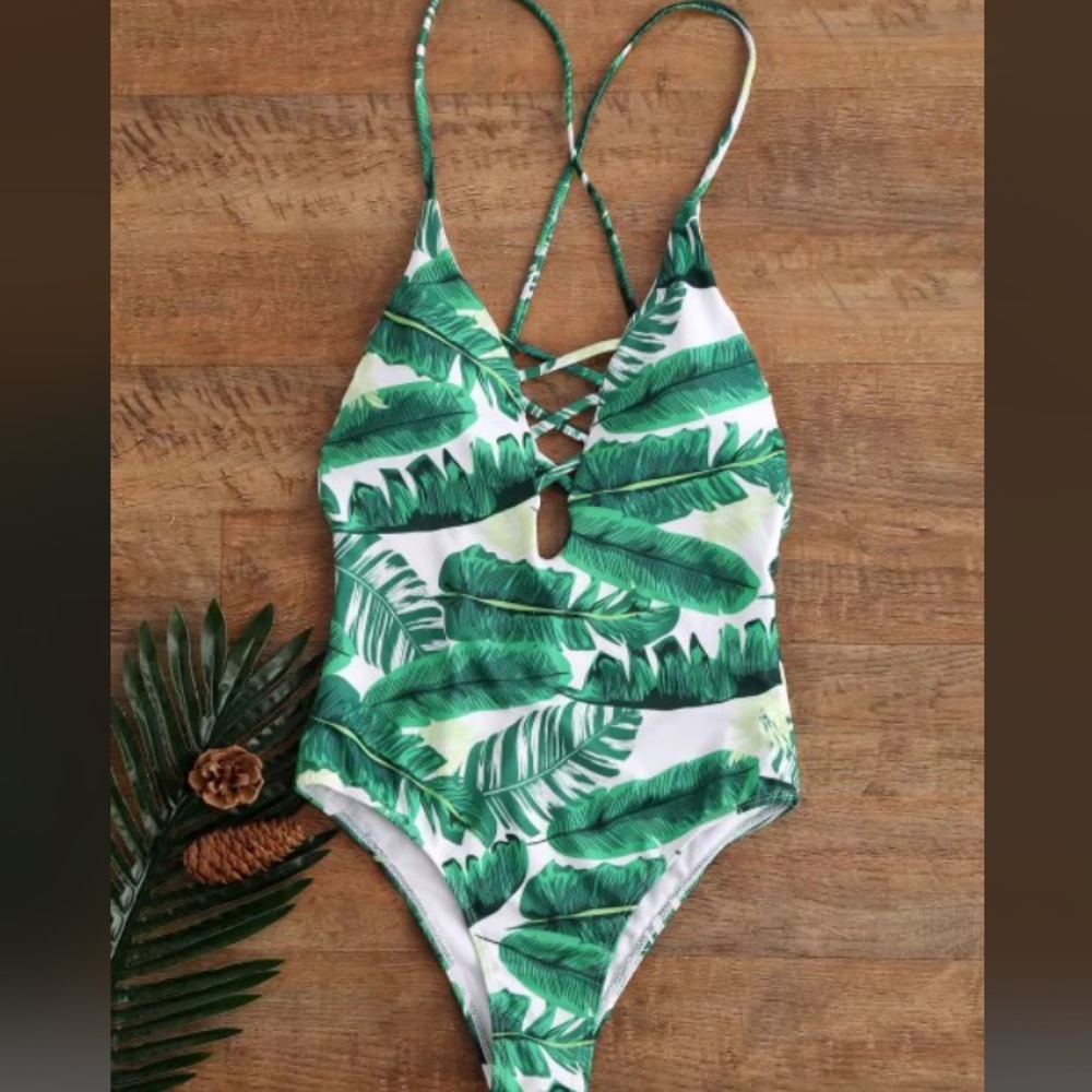 Luxury Palm Print Backless Plunge One Piece
