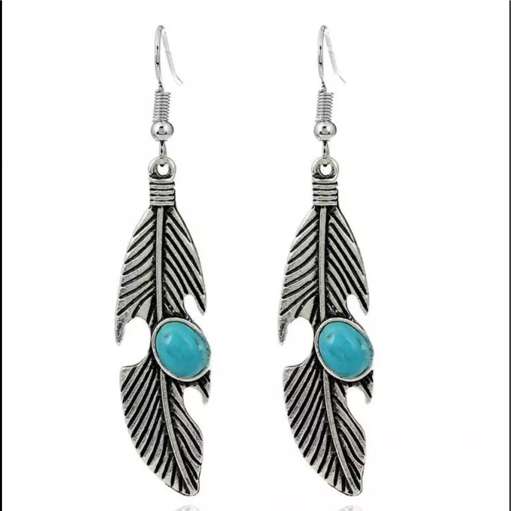 Feather Drop Earrings Blue Stone & Antique Silver