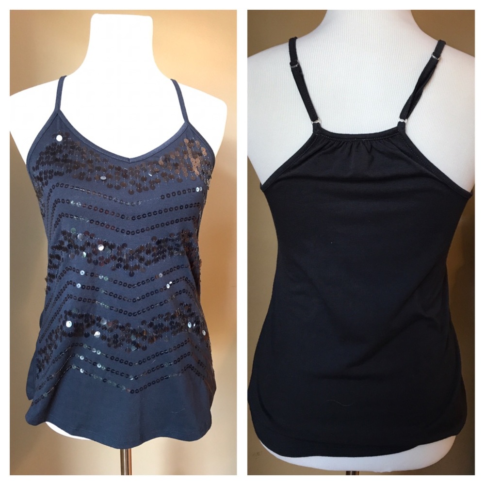 Blue tank with sequins.