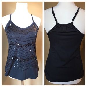 Blue tank with sequins.