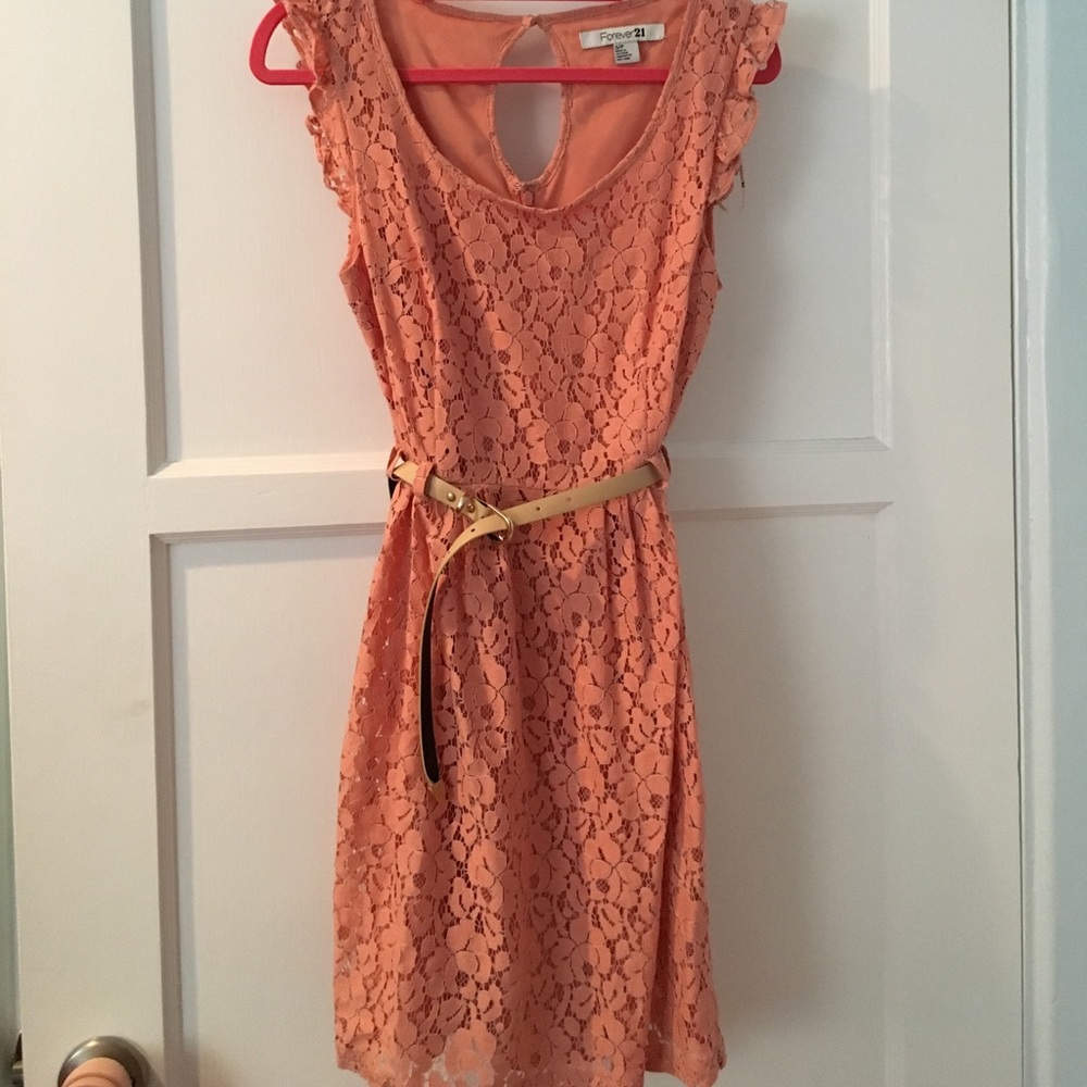Peach lace dress with beige belt