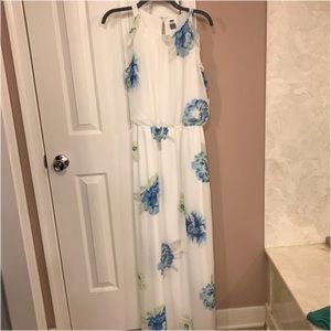 White Maxi Dress with Blue Floral Print