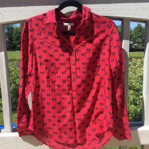 JCrew Red with Navy Bow-Print Button Down Shirt