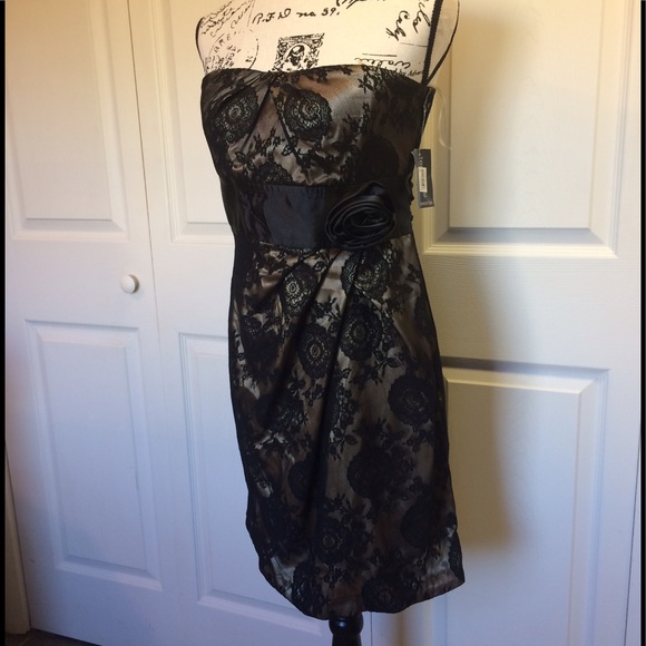 champagne and black lace dress