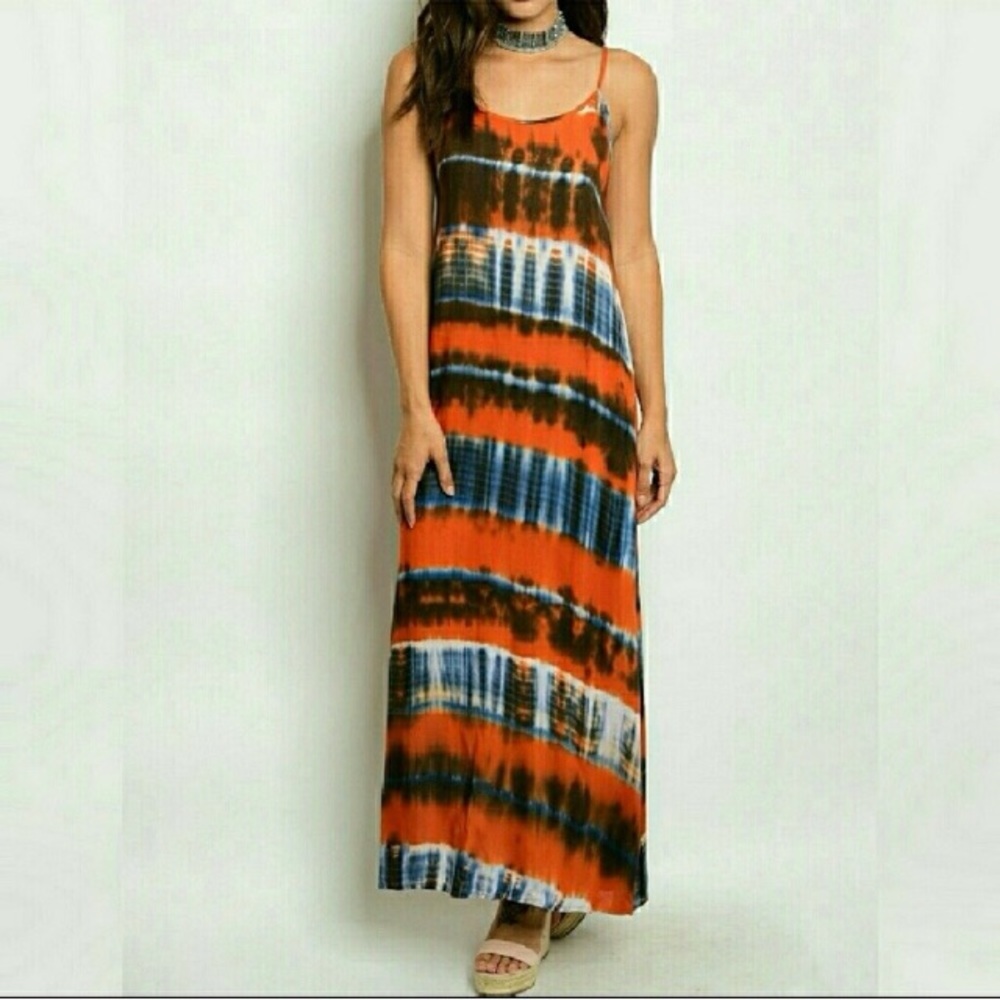 •Orange and Navy Tie Dye Maxi Dress•