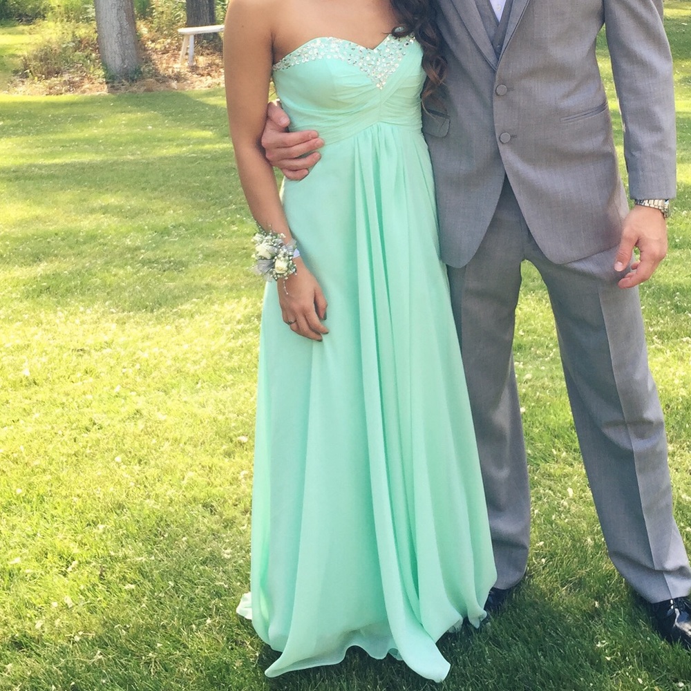 Teal strapless full length prom dress