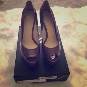 Brian Atwood brown patent peep toe pumps