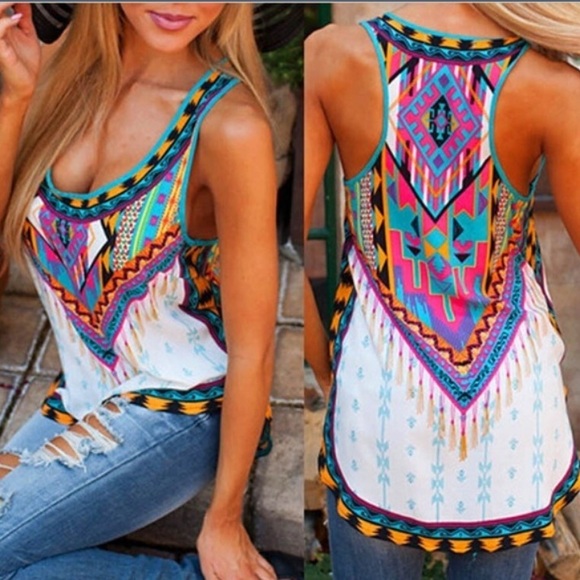 Tops - Boho hi low festival tank top tassel Aztec