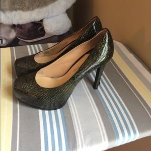Crocodile print black and gold heel