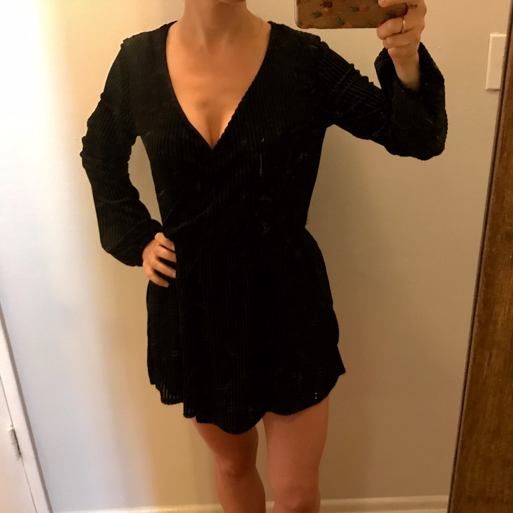 Black velvet and mesh striped romper/dress