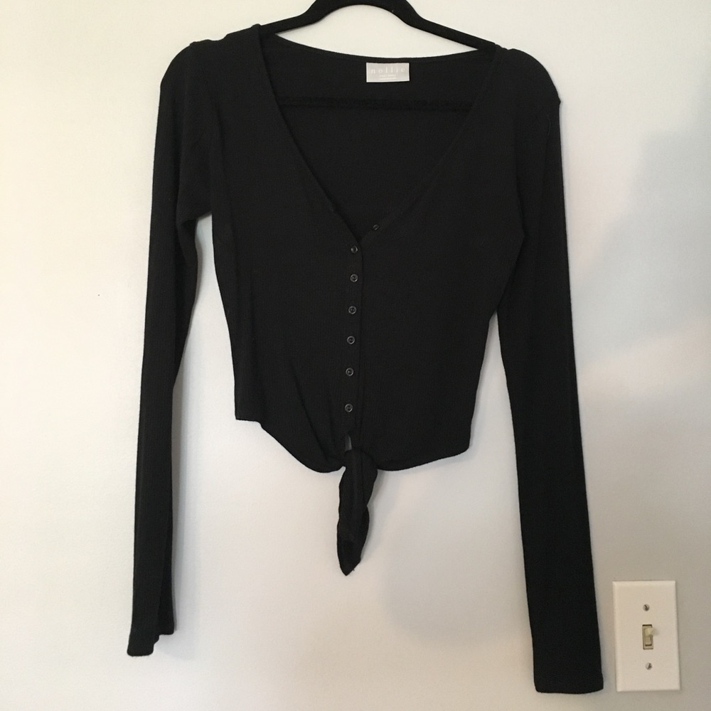 Long Sleeve Black, Button and Tie Crop