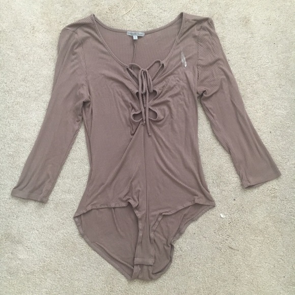 Brown grey ribbed lace up bodysuit - Picture 2 of 6
