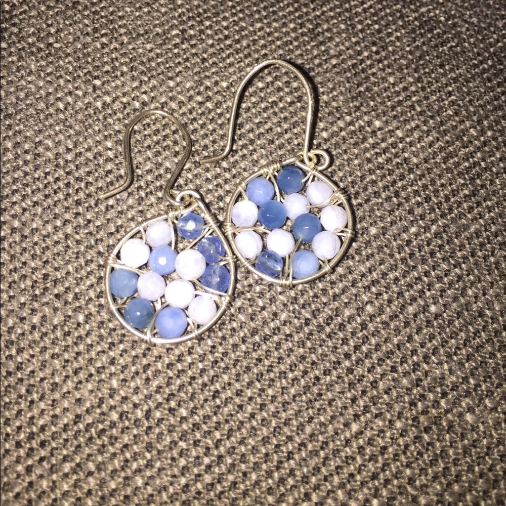 Silver, blue white dangly teardrop share earrings