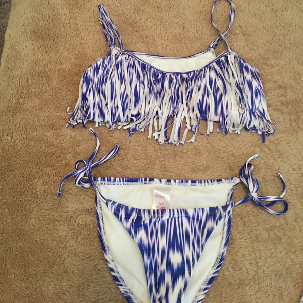 Blue/purple & white fringe bikini
