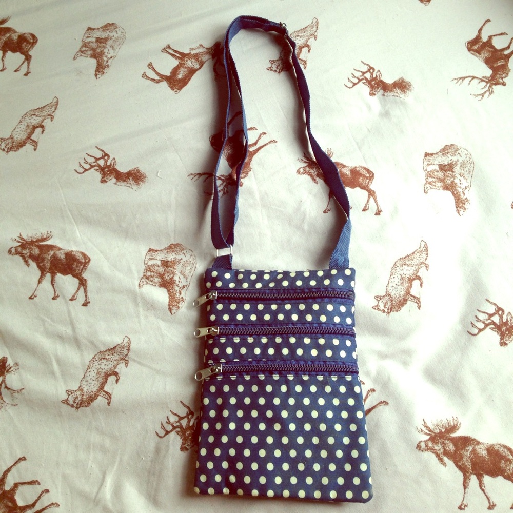 Small blue purse with white polka dots