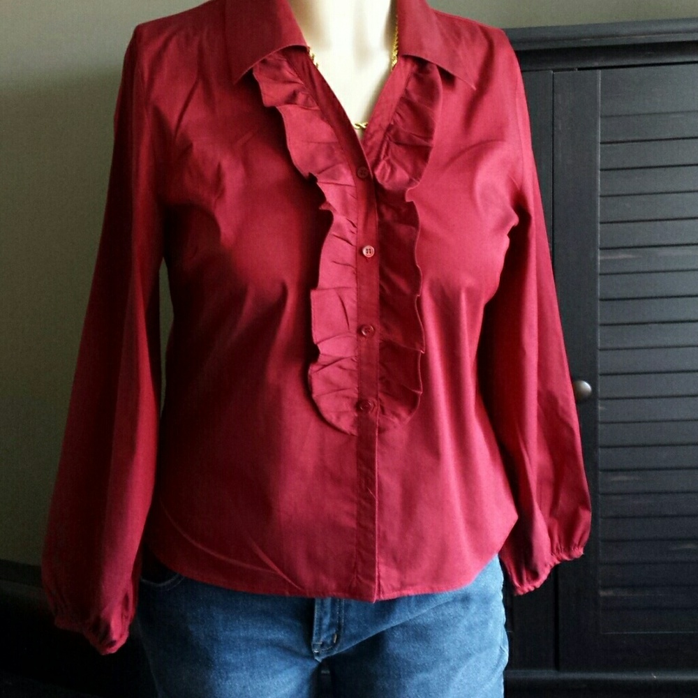 Red Button Down Blouse with Ruffles