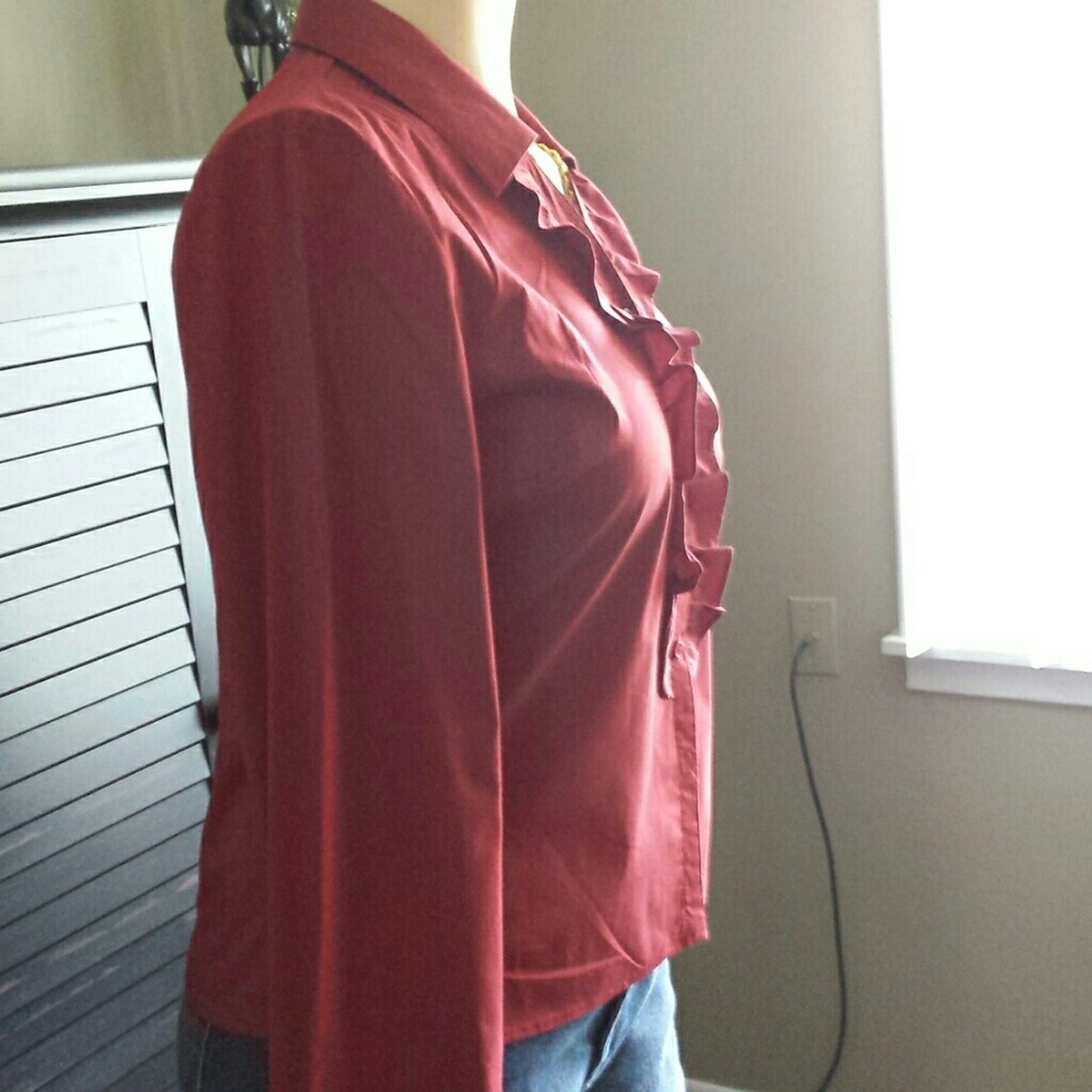 Red Button Down Blouse with Ruffles - Picture 2 of 4