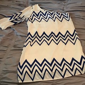 Boutique one shouldered cream & blue chevron dress